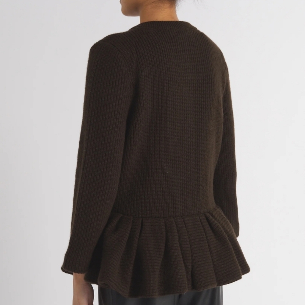 DRIES VAN NOTEN Olive Green Ribbed Cotton Peplum Hem Sweater M